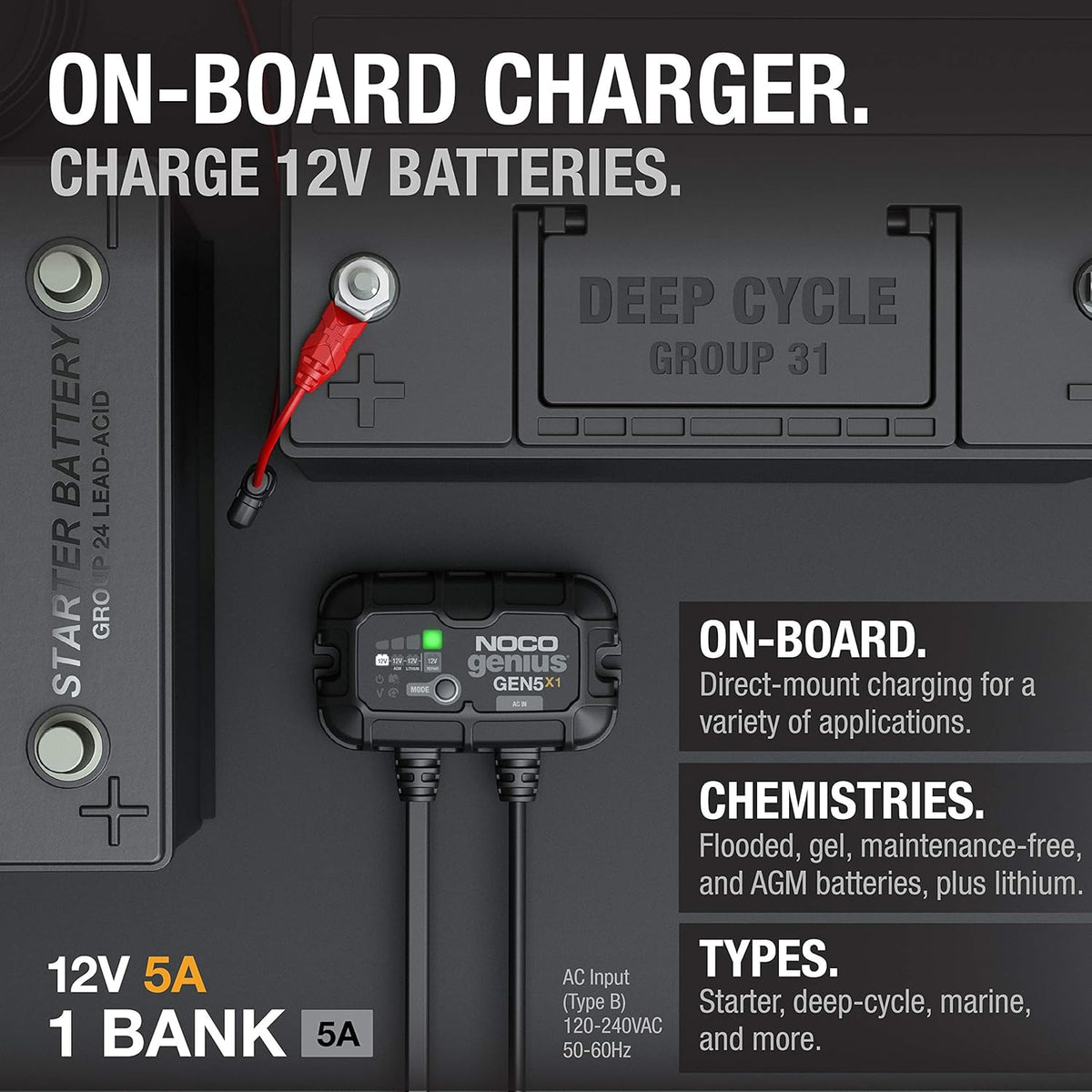 NOCO Genius GEN5X1: 1-Bank, 5A Onboard Battery Charger - 5A Per Bank, 12V Waterproof Marine Charger with Overcharge Protection & Temperature Compensation – for Lead-Acid & Lithium Batteries