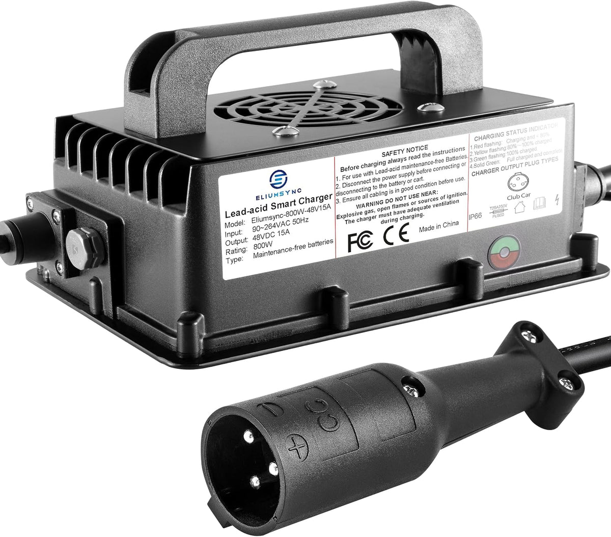 800W Lead Acid Battery Charger 48 Volt 15 AMP 3-Pin Round Plug Club Car Golf Carts