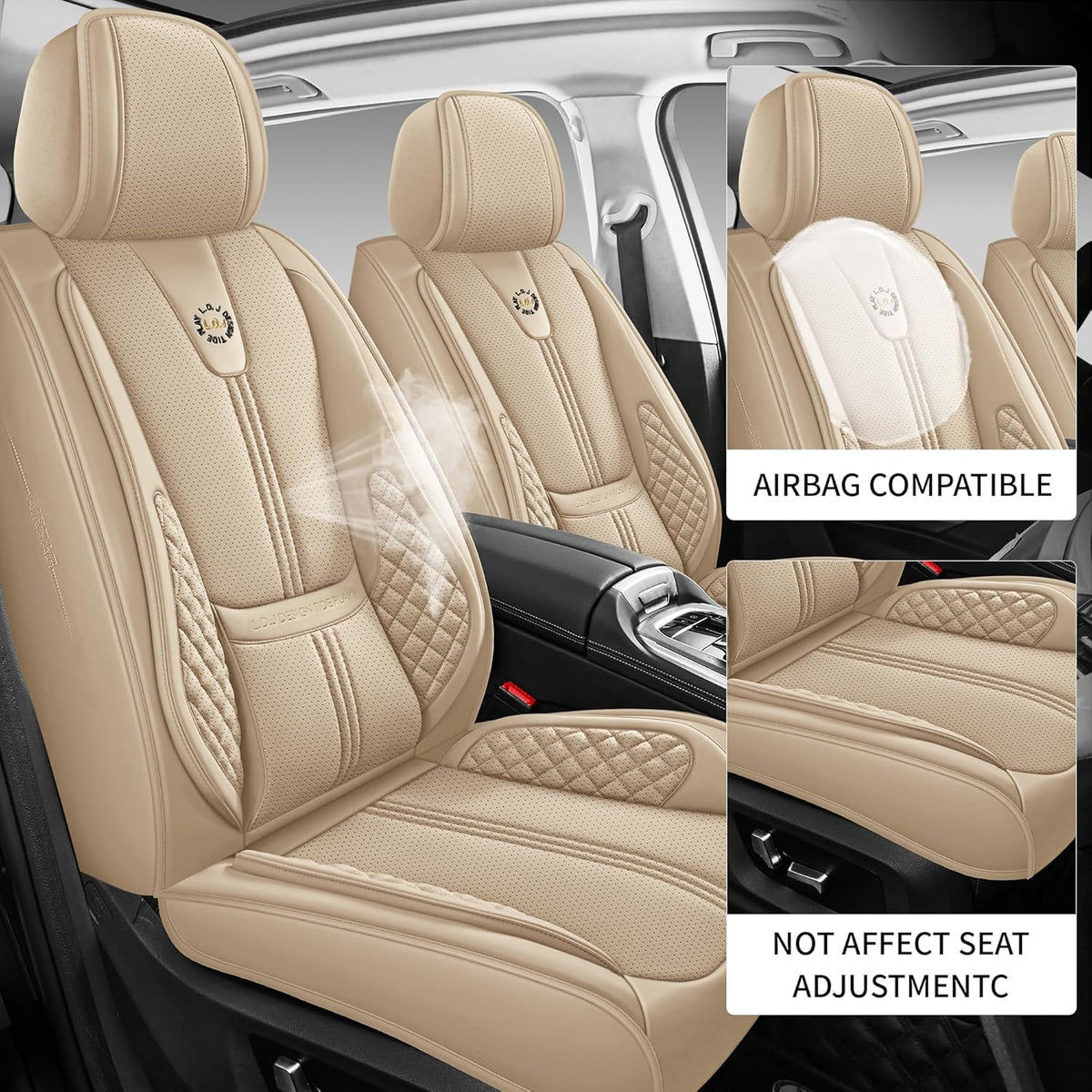 Car Seat Covers Full Set, Black Seat Cover for Cars Compatible Airbag, Easy Install Luxury Leather Automotive Seat Covers with Lumbar Support, for Car, Truck, SUV, Beige