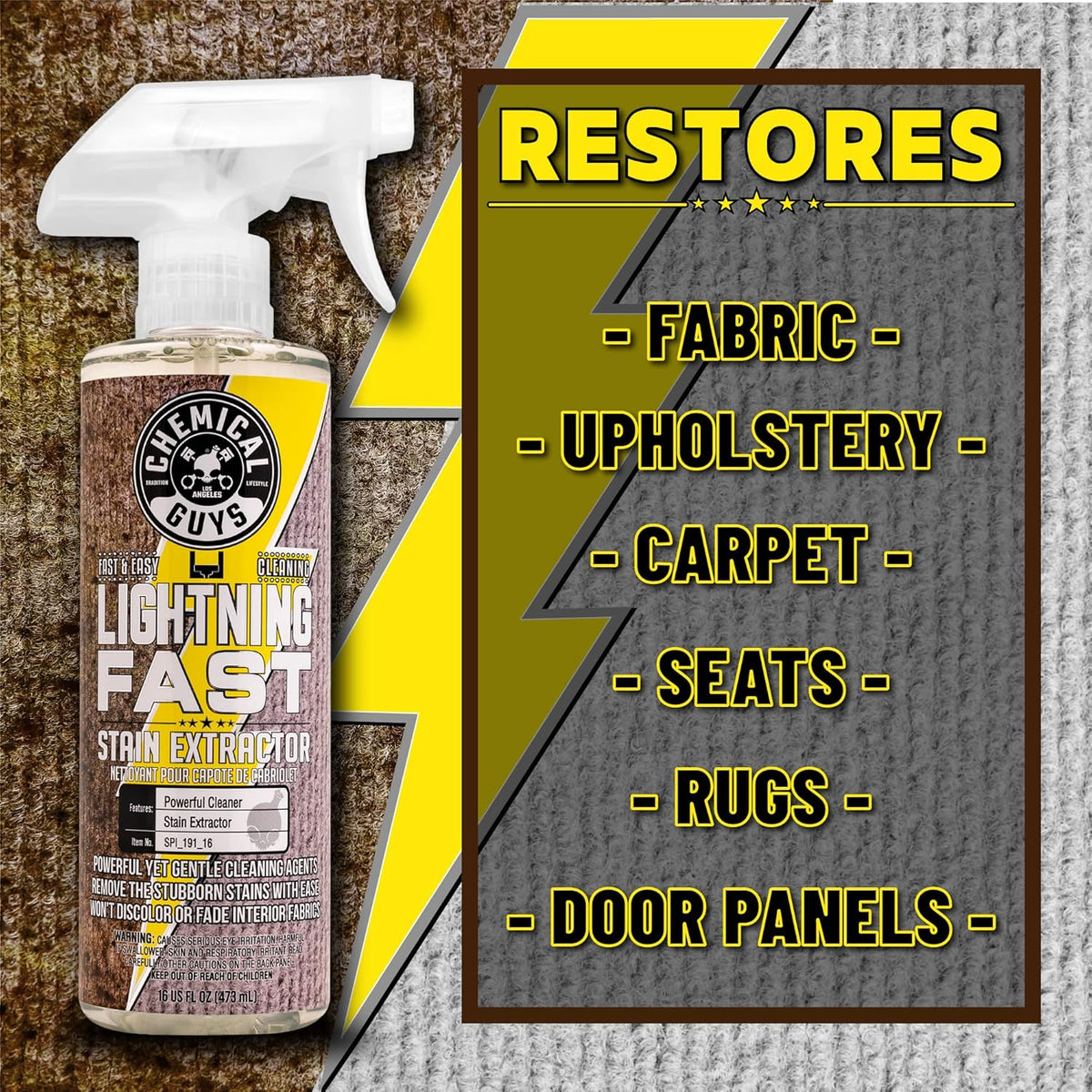 Chemical Guys SPI_191_16 Lightning Fast Carpet and Upholstery Stain Extractor, (Fabric, Upholstery, & Carpet), Safe for Cars, Home, Office, Furniture & More, 16 fl oz, Fresh Scent