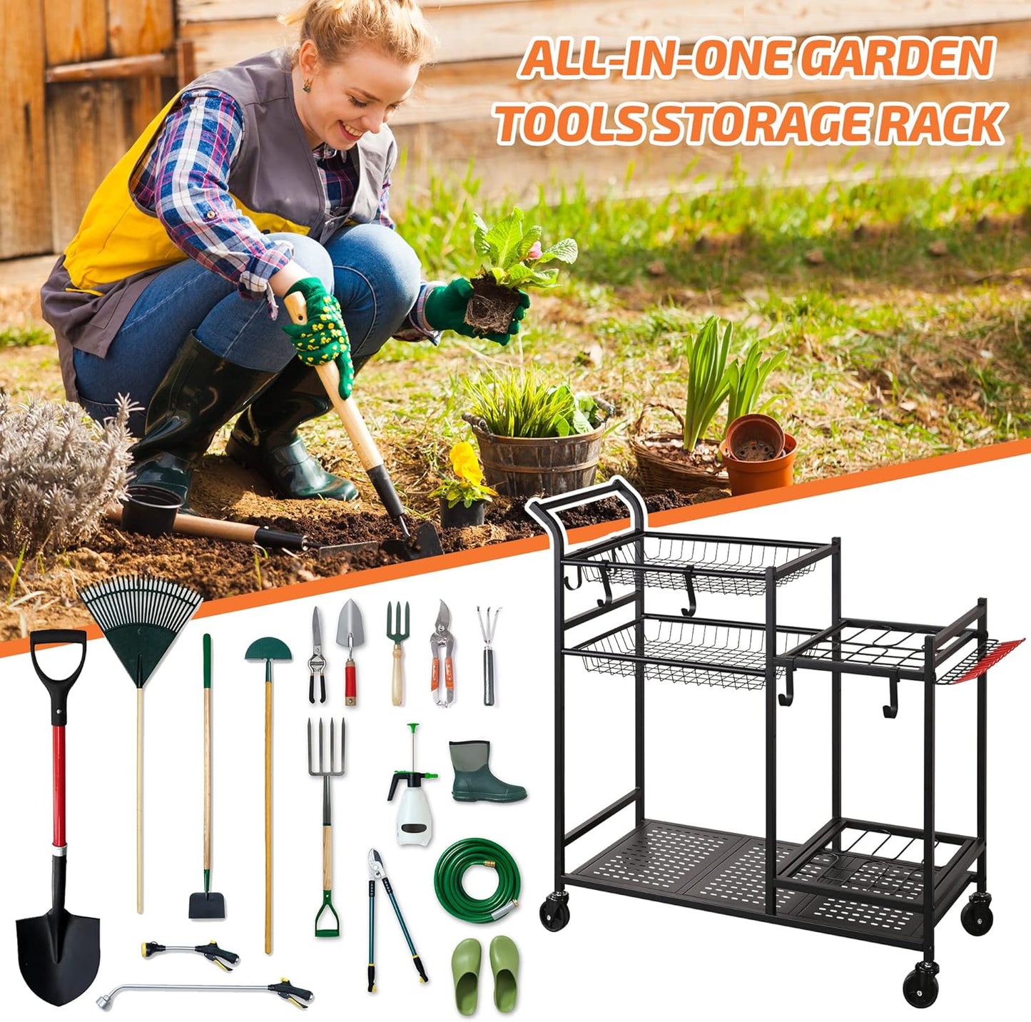 PLKOW Garden Tool Organizer with Wheels, Garden Tool Rack, Yard Tool Holder for Rakes, Shovel, Fertilizer, Garden Tool Storage for Garage, Shed, Outdoor