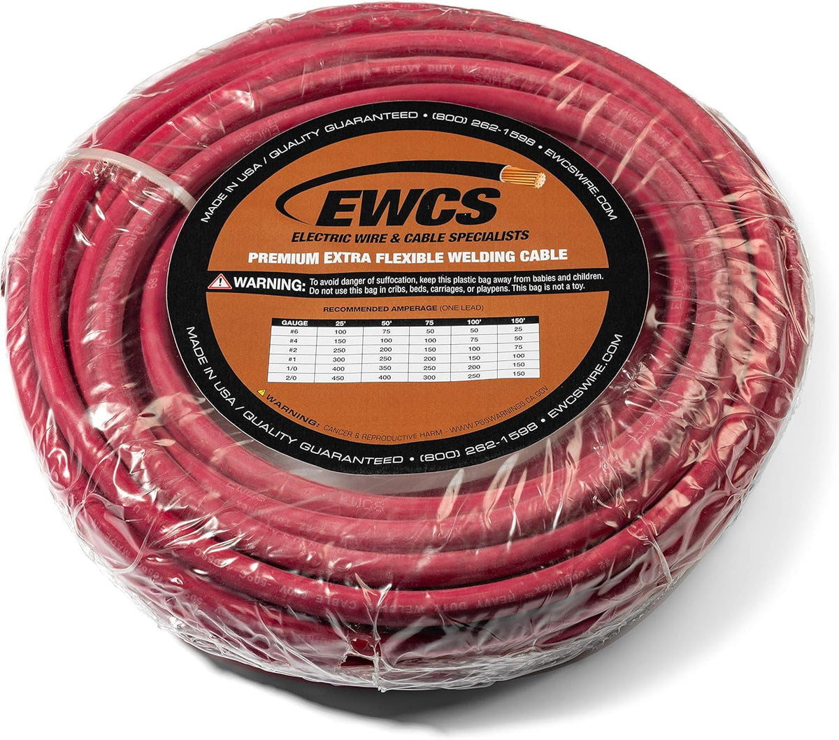 EWCS 2 Gauge Premium Extra Flexible Welding Cable 600 Volt - Red - 20 Feet - Made in The USA