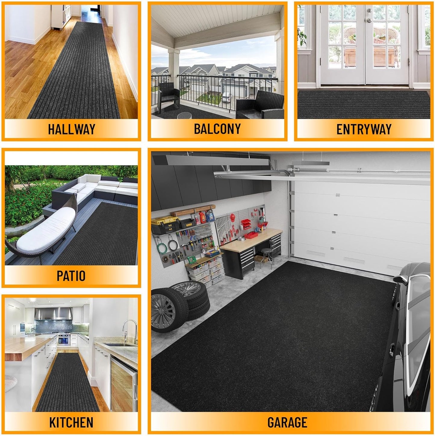 Ottomanson 2' x 23' Hallway Runner with Scraper Pile Extra Durable Non-Slip Rug Mat for Indoor & Outdoor Use - Ideal for Kitchen, Entryway, Patio & Garage - High-Traffic Carpet, Black