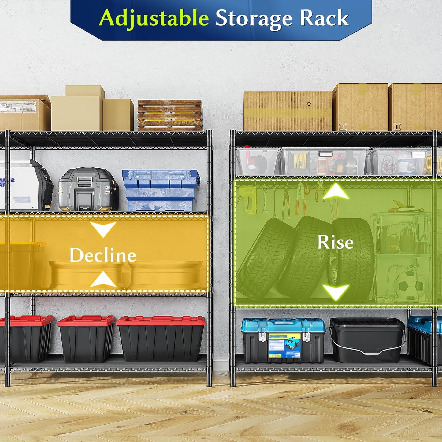 52.36''W Storage Shelves Metal Shelving Unit Load 1120LBS 4 Tier Wire Shelving for Storage Rack Adjustable Garage ShelvingGHeavy Duty for Pantry Kitchen Garage,52.36Wx13.78Dx59H,2PCS