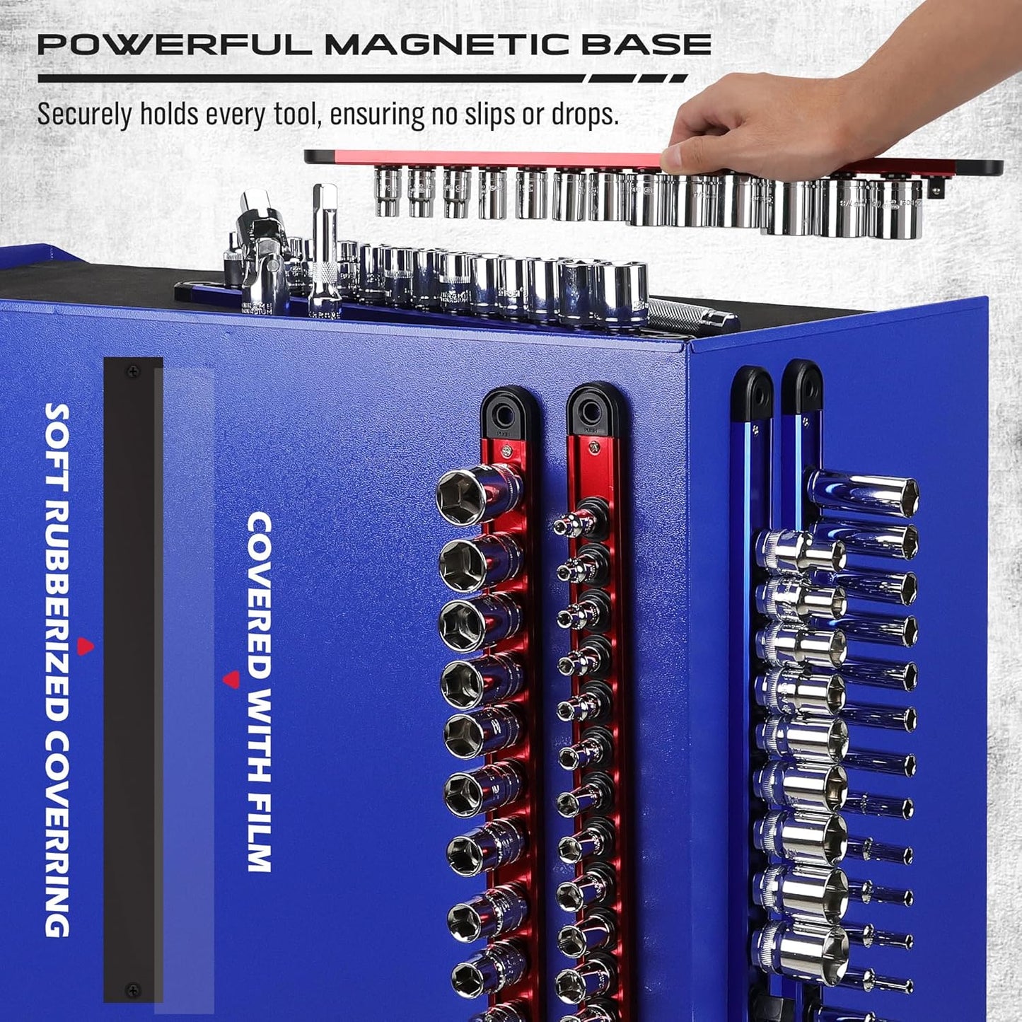 Magnetic Socket Holder Organizer Set: 6-Piece Detachable 1/4, 3/8, 1/2 Socket Trays Socket Organizer for Tool Box Drawer Holds 80-Piece Standard Size Sockets for Automotive Mechanic Garage(Red Blue)