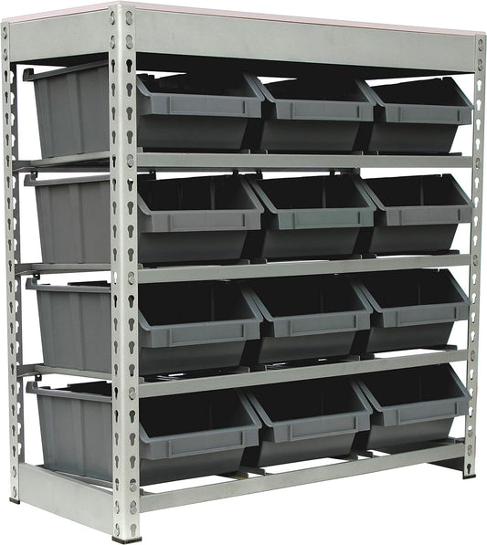King's Rack Bin Rack Boltless Steel Storage System Organizer w/ 12 Plastic Bins in 4 Tiers