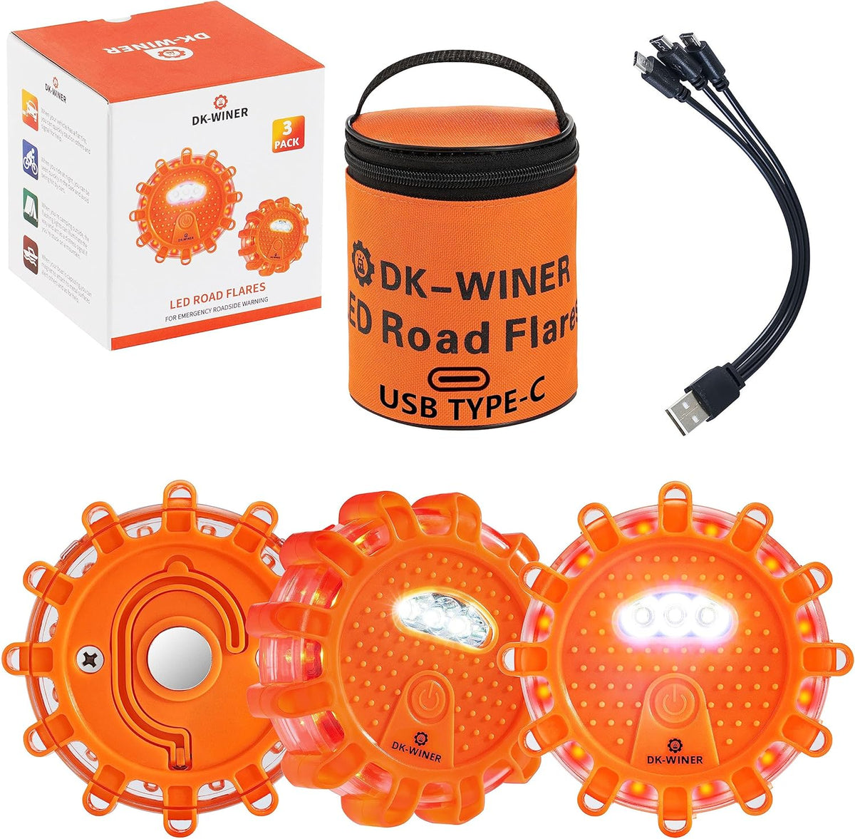 LED Road Flares Roadside Emergency car kit Emergency Road Flares Kit with Magnetic Base for Vehicles & Boat | 9 Flash Modes(with Batteries) (3pack rechargeable)