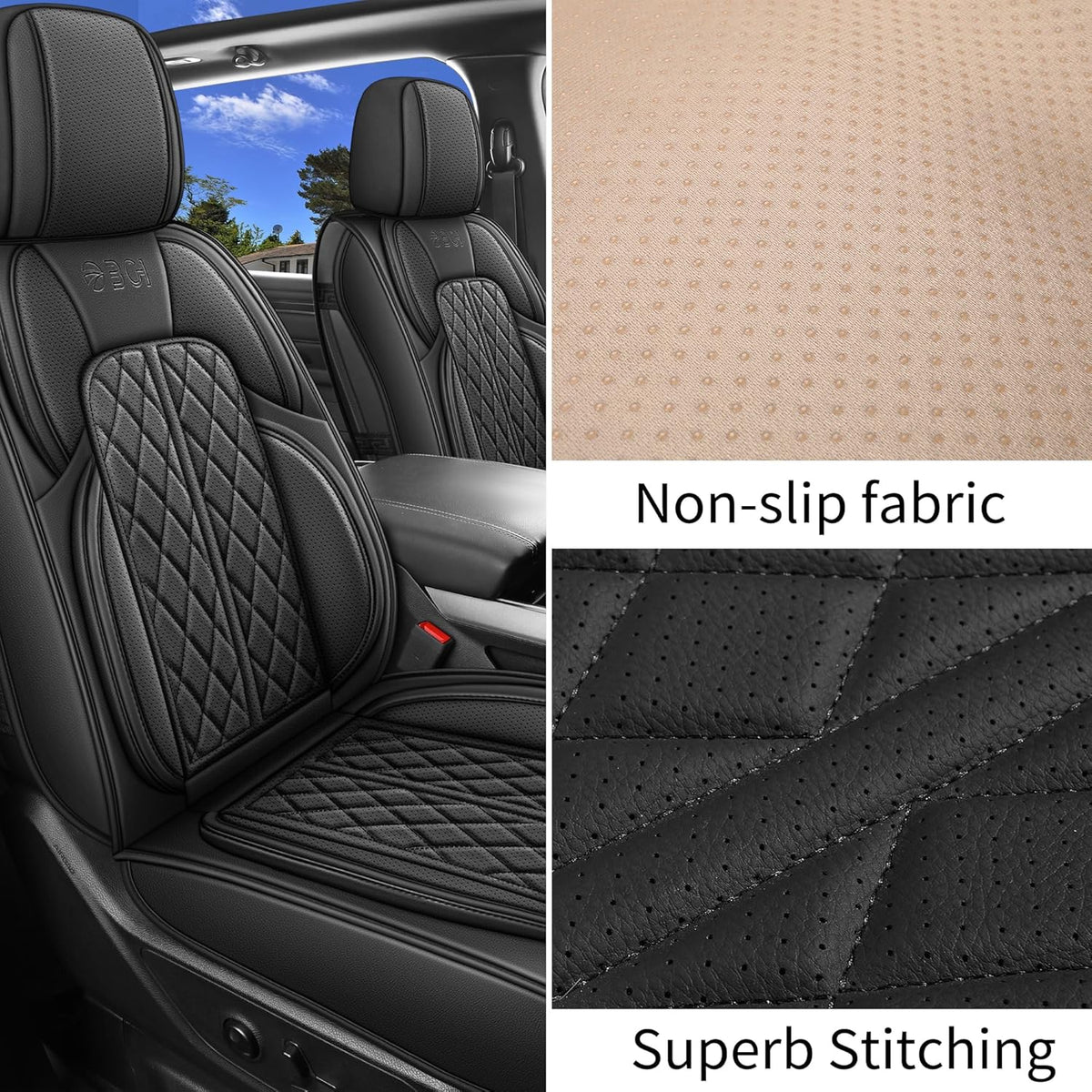 Car Seat Cover Custom Fit for Dodge Ram 1500 2500 3500 2002-2024 Faux Leather Seat Cover Set Compatible with Crew Quad Regular Cab Pickup Truck Cushions (Black, Front Seat)