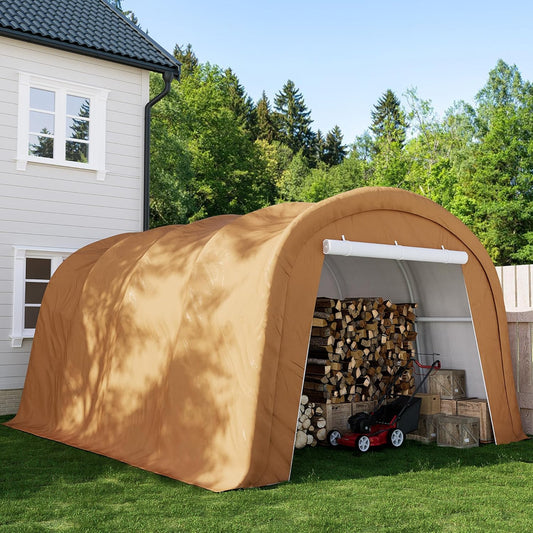 SUNBURY Carport, 10x20 FT Heavy Duty Canopy, Portable Garage with All-Steel Metal Frame & Double Zipper Doors, Round Style Outdoor Storage Shed for Car, Truck, Boat, Patio Furniture, Brown