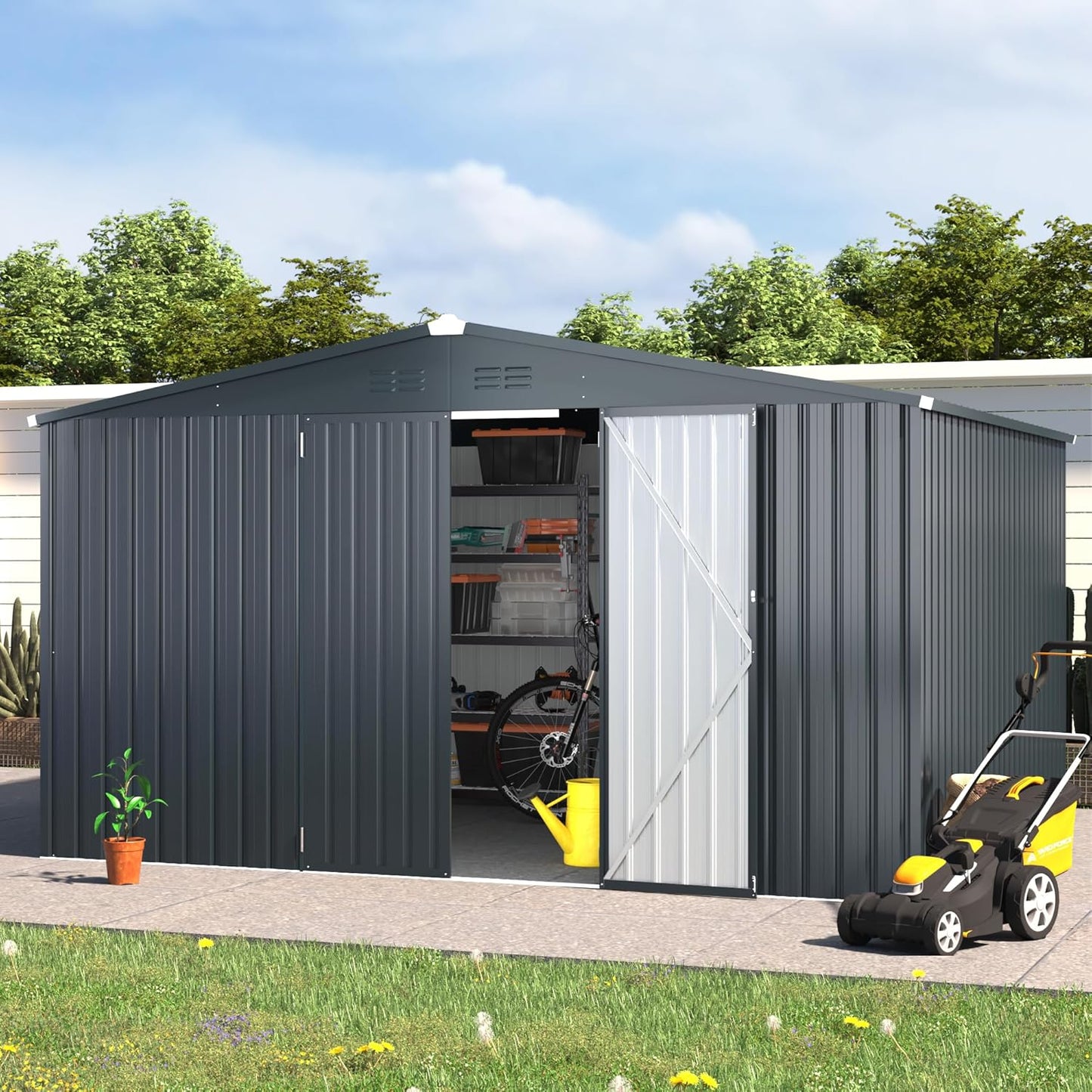 AECOJOY 12' x 10' Outdoor Storage Shed, Dark Grey Large 10x12 Sheds & Outdoor Storage Clearance with Lockable Doors, Utility and Tool Storage Garden Shed Backyard, Patio and Outside use