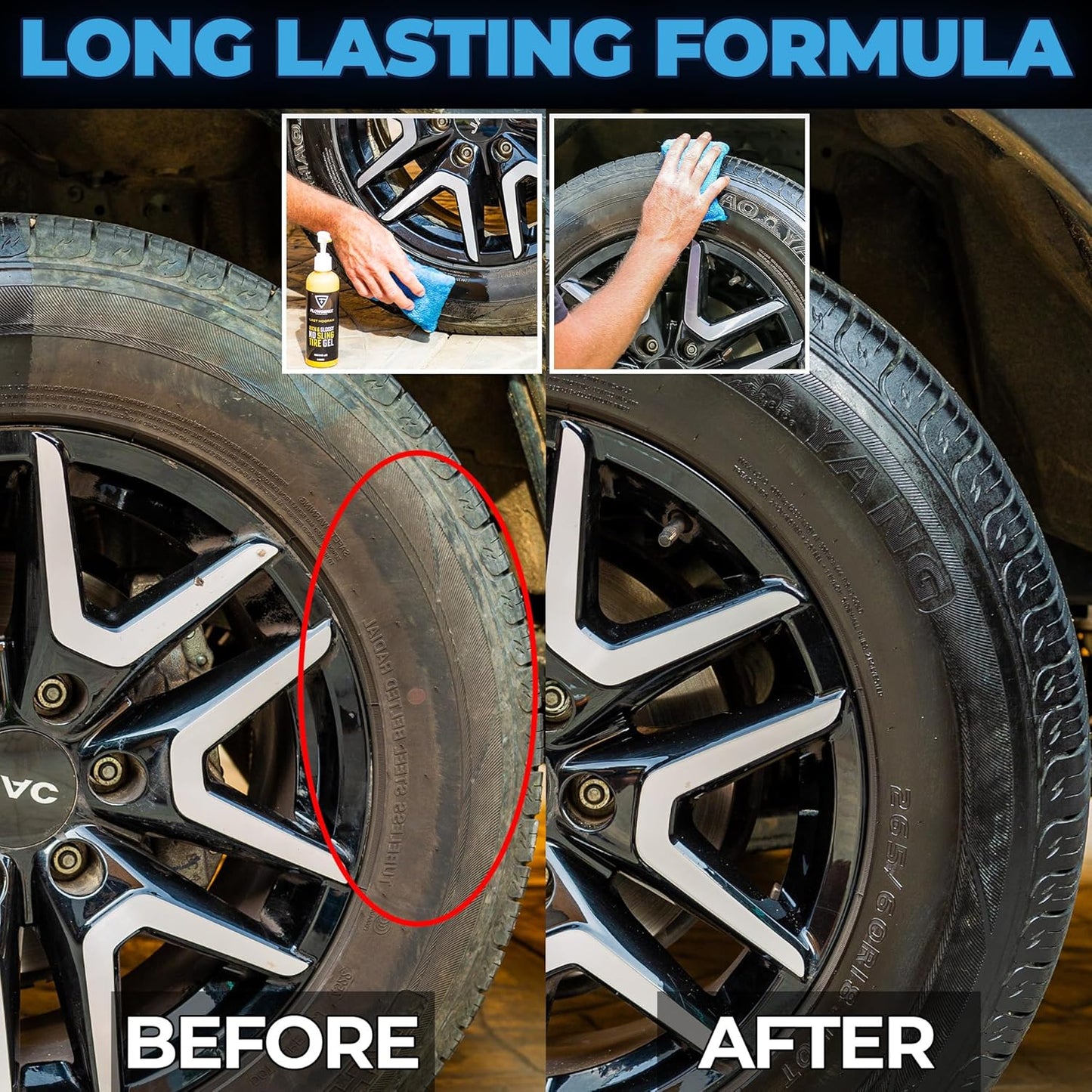 Tire Shine Gel Coating and Dressing (8oz) - High Gloss Wheel Tire Shine for Cars - No-Sling Anti-Stick Protection, Works on Rubber, Plastic, Vinyl - Incl 2 Microfiber Towels