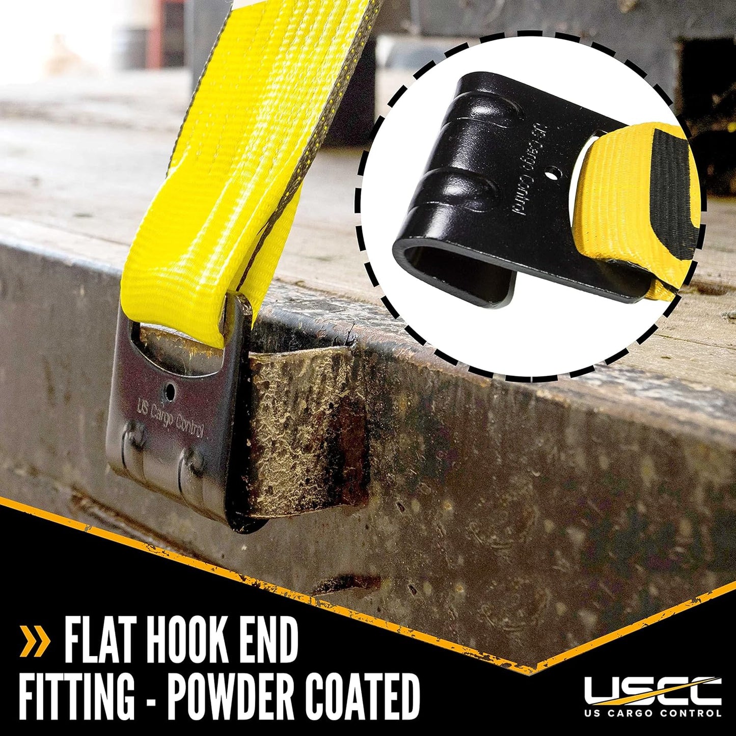 US Cargo Control Heavy Duty Yellow Fixed End with Ratchet and Flat Hook 4 Inch x 11 Inch (200-Pack), Fixed End Only, 5,400 LBS Working Load Limit