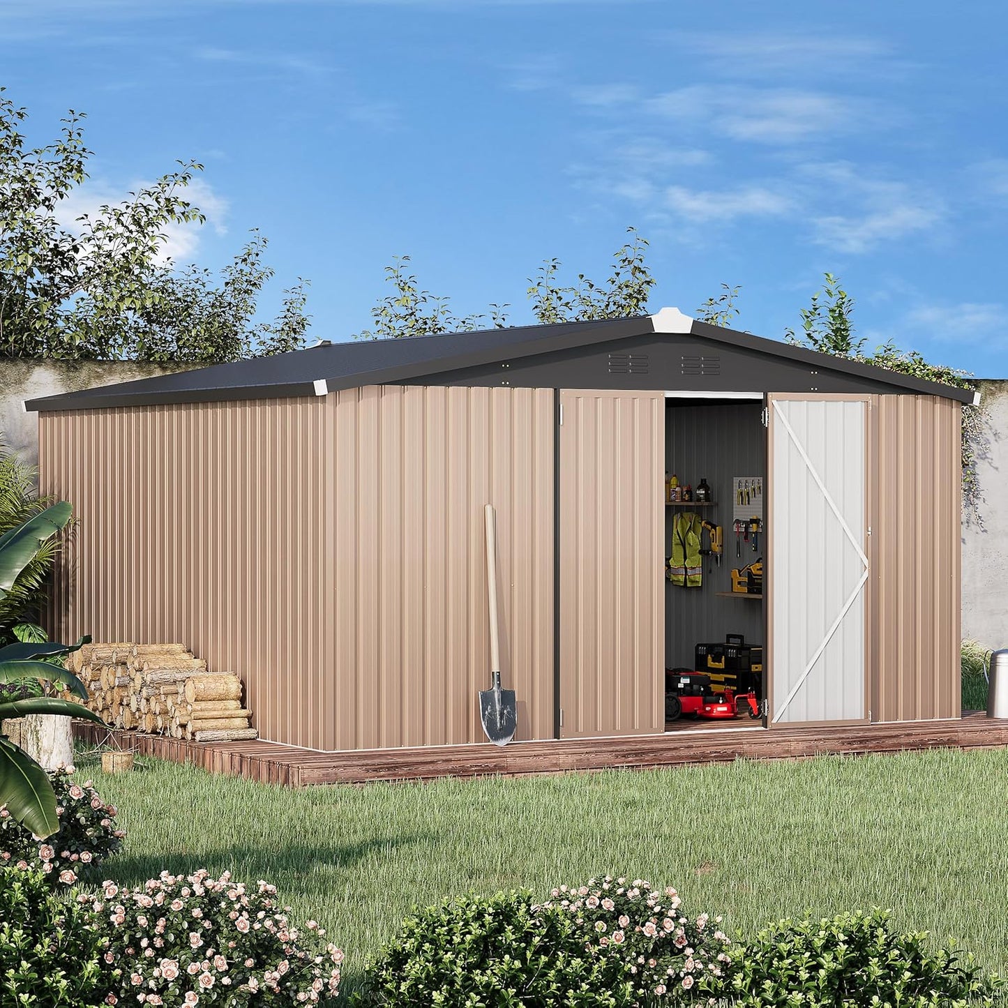 U-MAX 10' x 10' Shed Outdoor Storage Shed Clearance, Metal Garden Large Yard Steel Shed with Design of Lockable Doors, Tool and Utility Storage for Backyard, Garden, Patio, Outside use