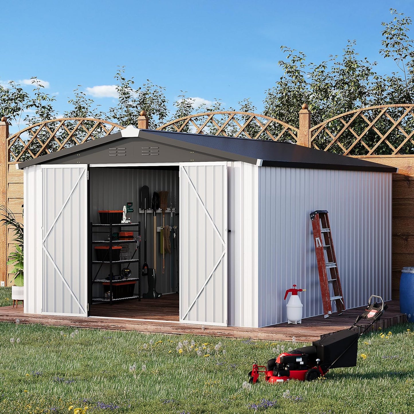U-MAX 10x14 Shed, 14x10 Metal Outdoor Storage Shed, Large Outside Storage Garden Sheds & Outdoor Storage Clearance, Tool Shed Lockable for Backyard, Patio and Outside Use in White